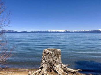 Scenic view of sea against clear blue sky