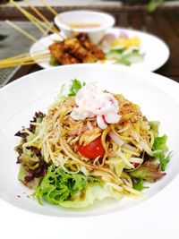 Close-up of meal served on table