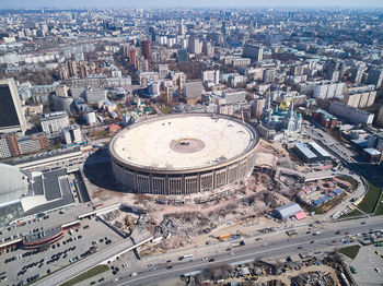 Olympic sports complex or olympiyskiy stadium in moscow, russia during its demolition. aerial view.