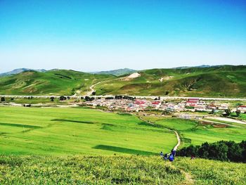 Scenic view of agricultural field against clear blue sky