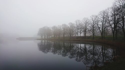 Reflection of trees in lake against sky during foggy weather