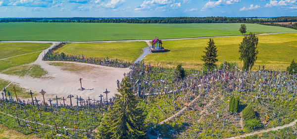 High angle view of agricultural field against sky