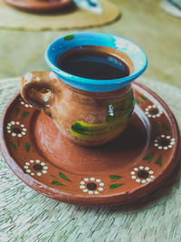High angle view of coffee cup on table
