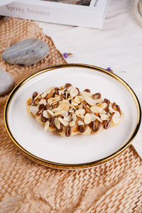 High angle view of dessert in plate on table