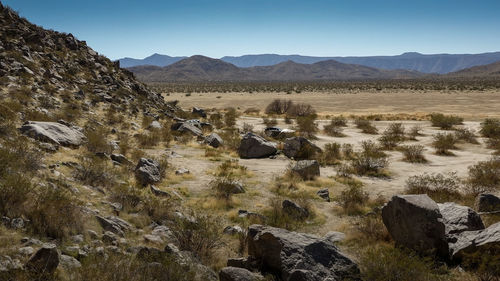 Scenic view of landscape and mountains against sky