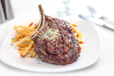 Close-up of food served on table