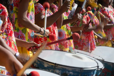 Musicians from the percussion band dida are seen during the bahia independence day parade 