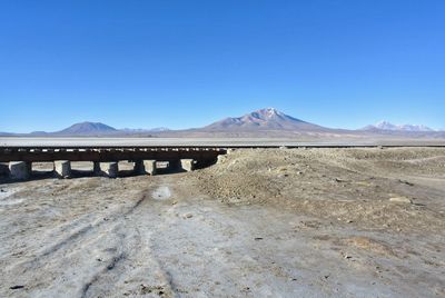 Scenic view of arid landscape against clear blue sky