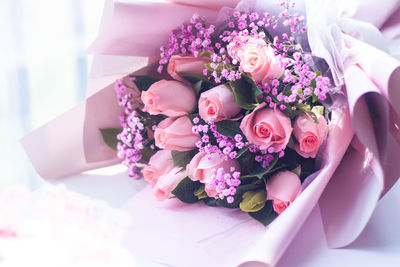 High angle view of rose bouquet on table