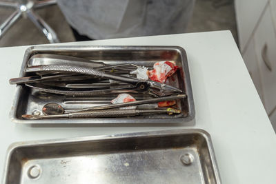 High angle view of meat in container