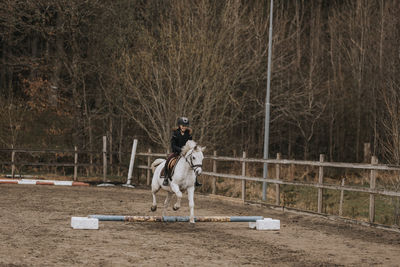 View of girl horseback riding