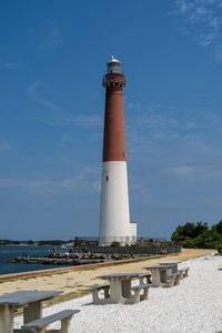 Lighthouse by sea against sky