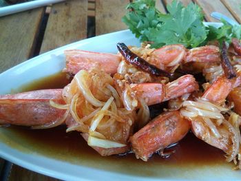 Close-up of seafood in plate on table