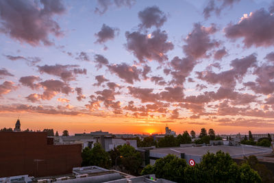 Houses and trees against sky during sunset