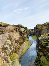 Scenic view of sea against sky iceland cliff river water fjord green grass holiday travel hiking