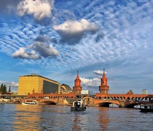 Bridge over river with buildings in background