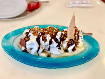 Close-up of dessert in plate on table