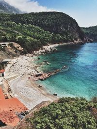 High angle view of bay against sky