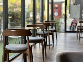 Empty chairs and tables in restaurant