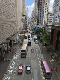 High angle view of traffic on city street amidst buildings