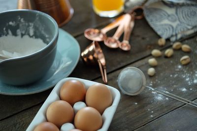 High angle view of breakfast on table