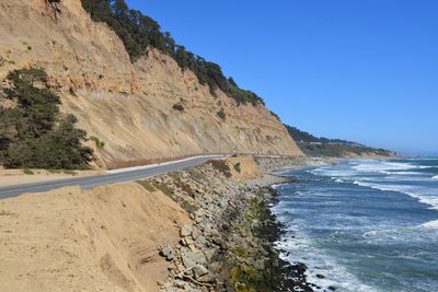 Scenic view of sea against clear blue sky