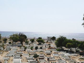 High angle view of cemetery against clear sky