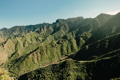 Panoramic view of mountains against clear sky