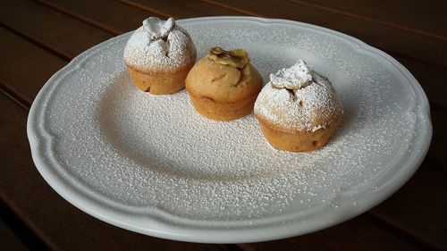 High angle view of muffins in plate on table