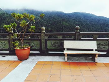 Potted plants on balcony against mountains