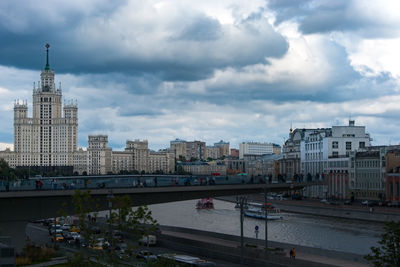 View of buildings in city against cloudy sky