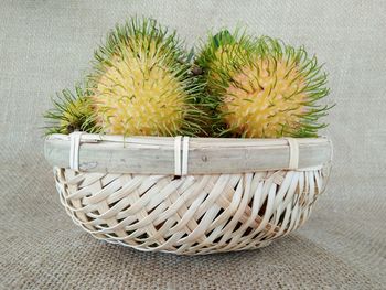 High angle view of fruit in basket on table
