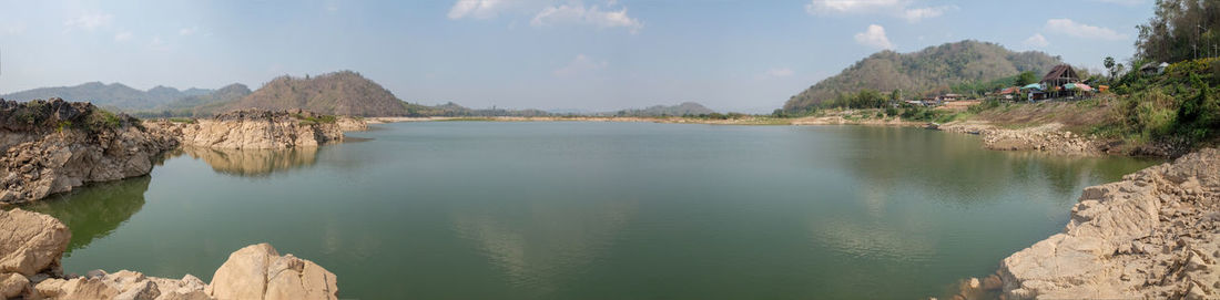 Panoramic view of lake and mountains against sky