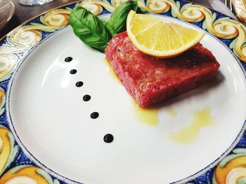 High angle view of dessert served on table
