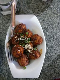High angle view of food in plate on table