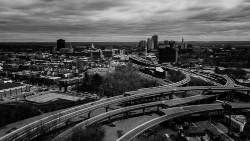 High angle view of elevated road amidst buildings in city