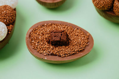High angle view of dessert on table