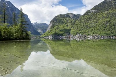 Scenic view of lake by mountains against sky