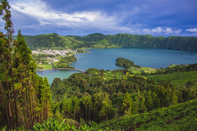 Scenic view of lake and trees against sky