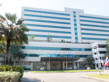 Low angle view of modern building against clear sky