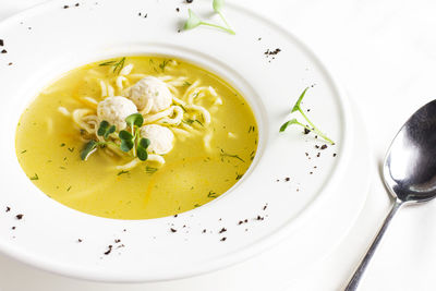 High angle view of soup in bowl on table