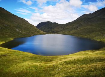 Scenic view of lake and mountains against sky