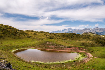 Scenic view of lake and mountains against sky