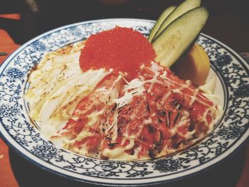 High angle view of food served in plate