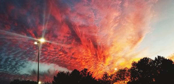 Low angle view of silhouette trees against dramatic sky