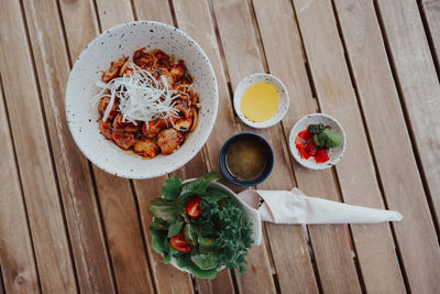 High angle view of breakfast served on table