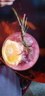 High angle view of drink on table