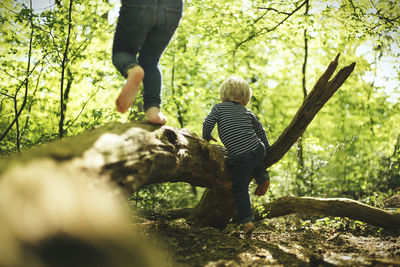 Two children playing in forest