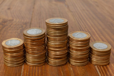 High angle view of coins on table