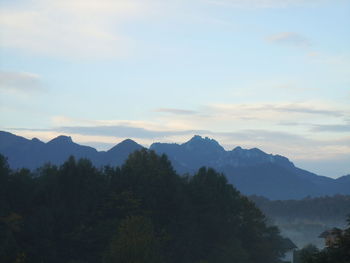 Scenic view of mountains against sky at sunset